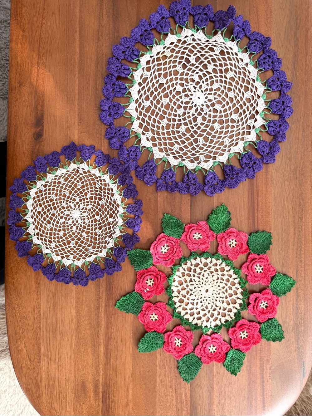 Vintage Handmade Crochet Floral Doilies Set of 3 Purple Pink Roses